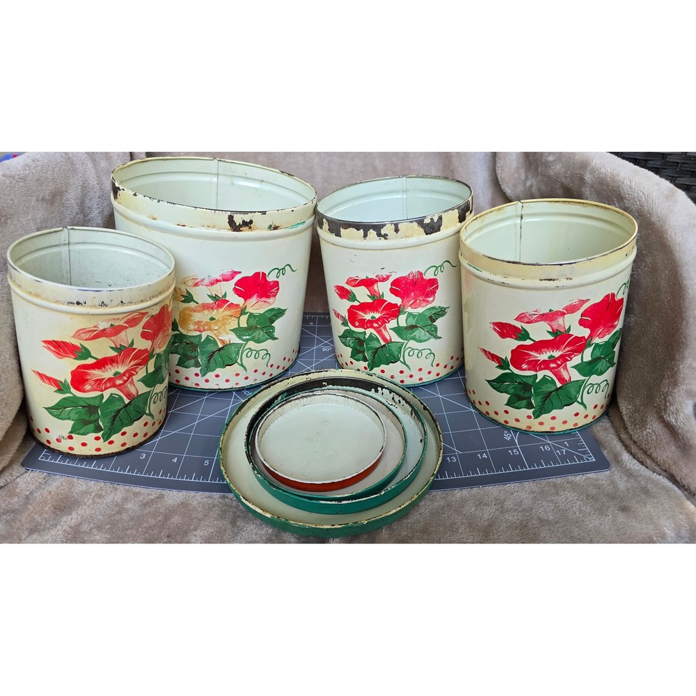 Vintage Floral Nesting Kitchen Canister Set 4pc Metal Morning Glory Polka Dot